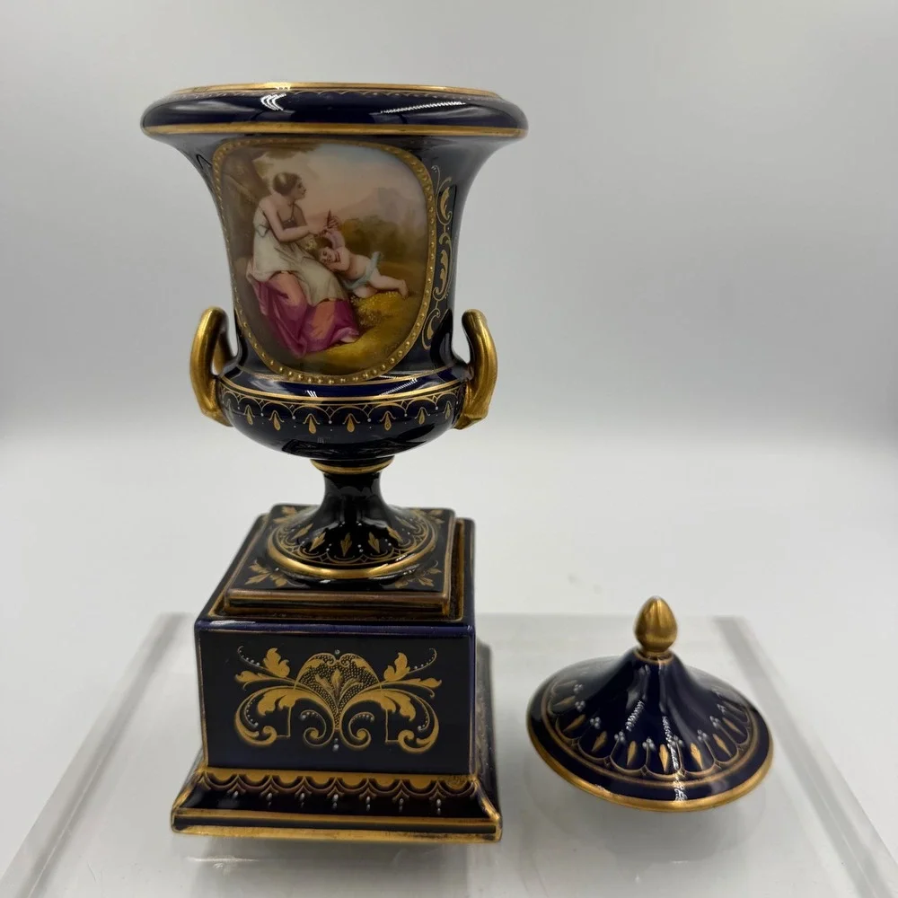 Antique Royal Vienna Cobalt Covered Urn Signed C Heer Austria Hand Painted Amor